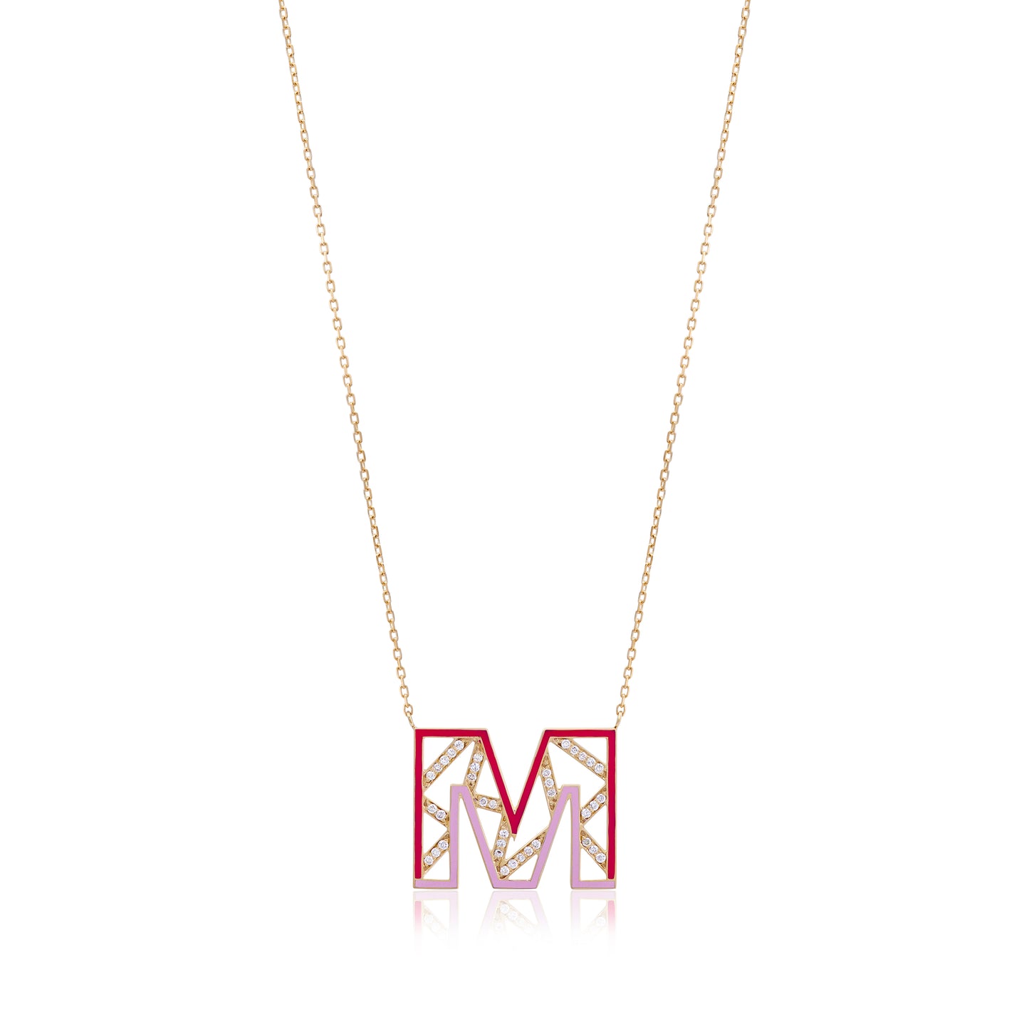 Tessellation – Alphabet Letter M Pendant set in Diamonds and Enamel - English