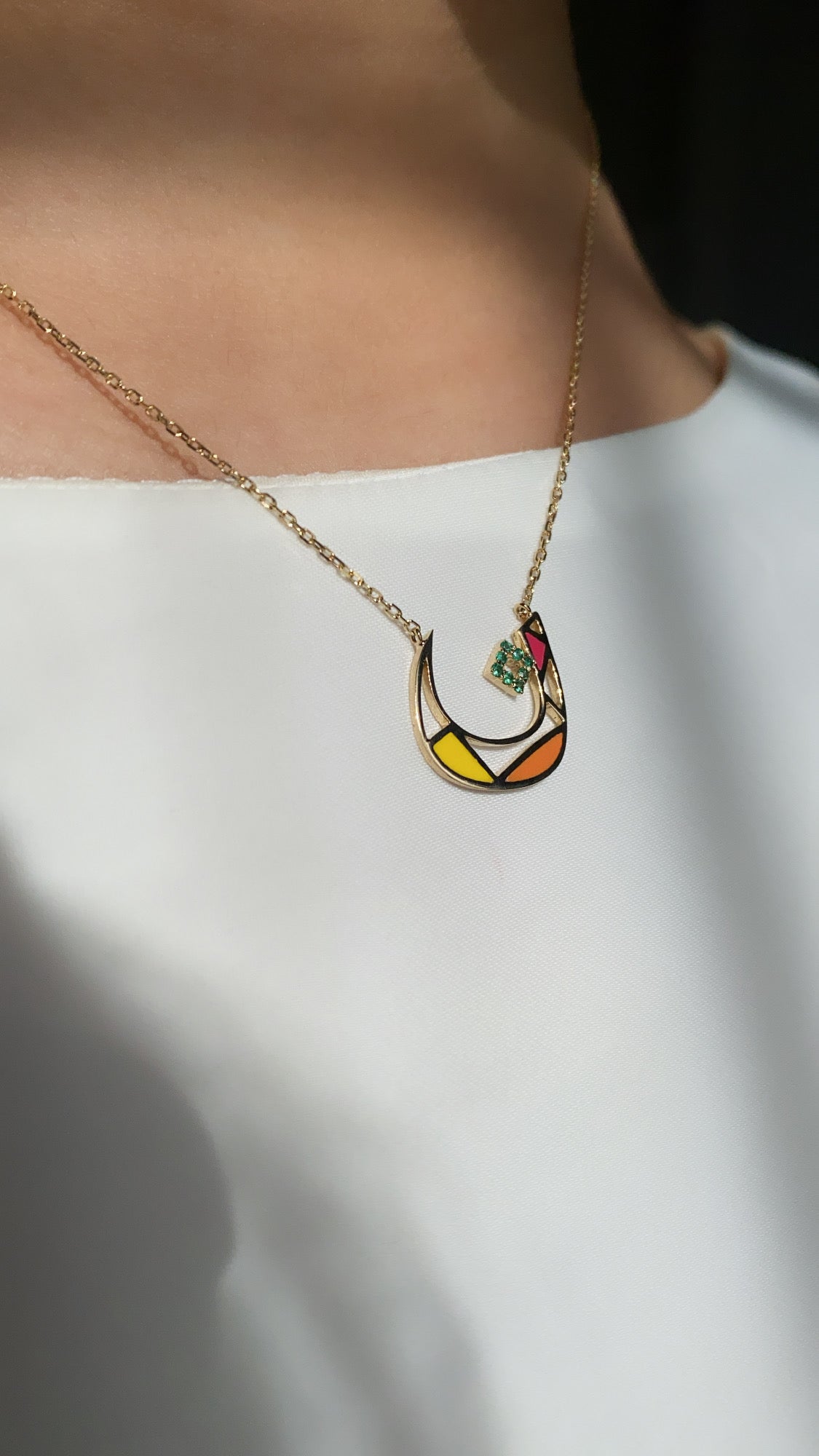 Tessellation – Alphabet Letter Pendant – Noon Letter with Enamel and Emerald Stone