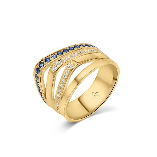 The Curve Ring Set With Diamonds and Sapphire