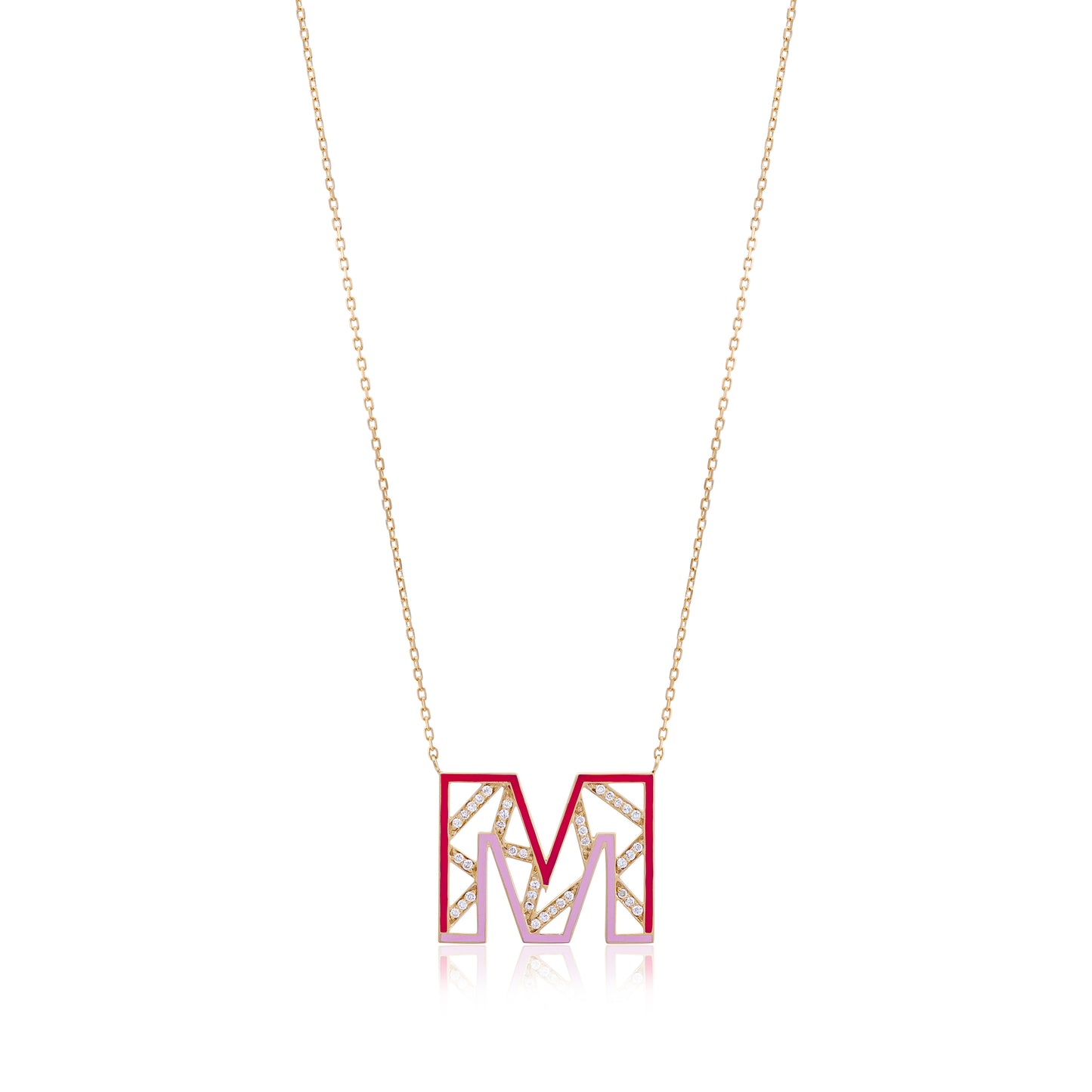 Tessellation – Alphabet Letter M Pendant set in  Diamonds and Enamel - English