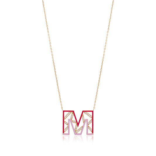 Tessellation – Alphabet Letter M Pendant set in  Diamonds and Enamel - English